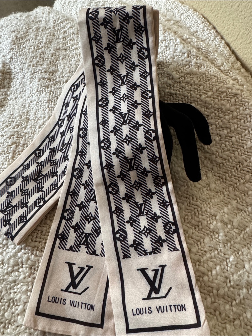 LV Cream and Black Silky Scarf Tie